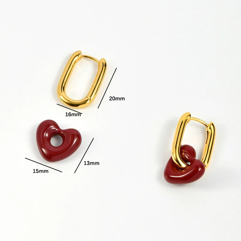 Titanium Steel Vintage Dripping Oil Red Love Heart Earrings